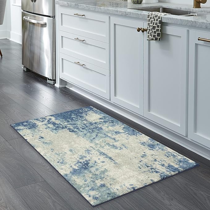 Maples Rugs Horizon Distressed Abstract Area Rug - Made in USA - Washable, Non Slip Indoor Carpet for Entryway, Foyer, Kitchen, and Bathroom, 2'6 x 3'10, Arctic Blue